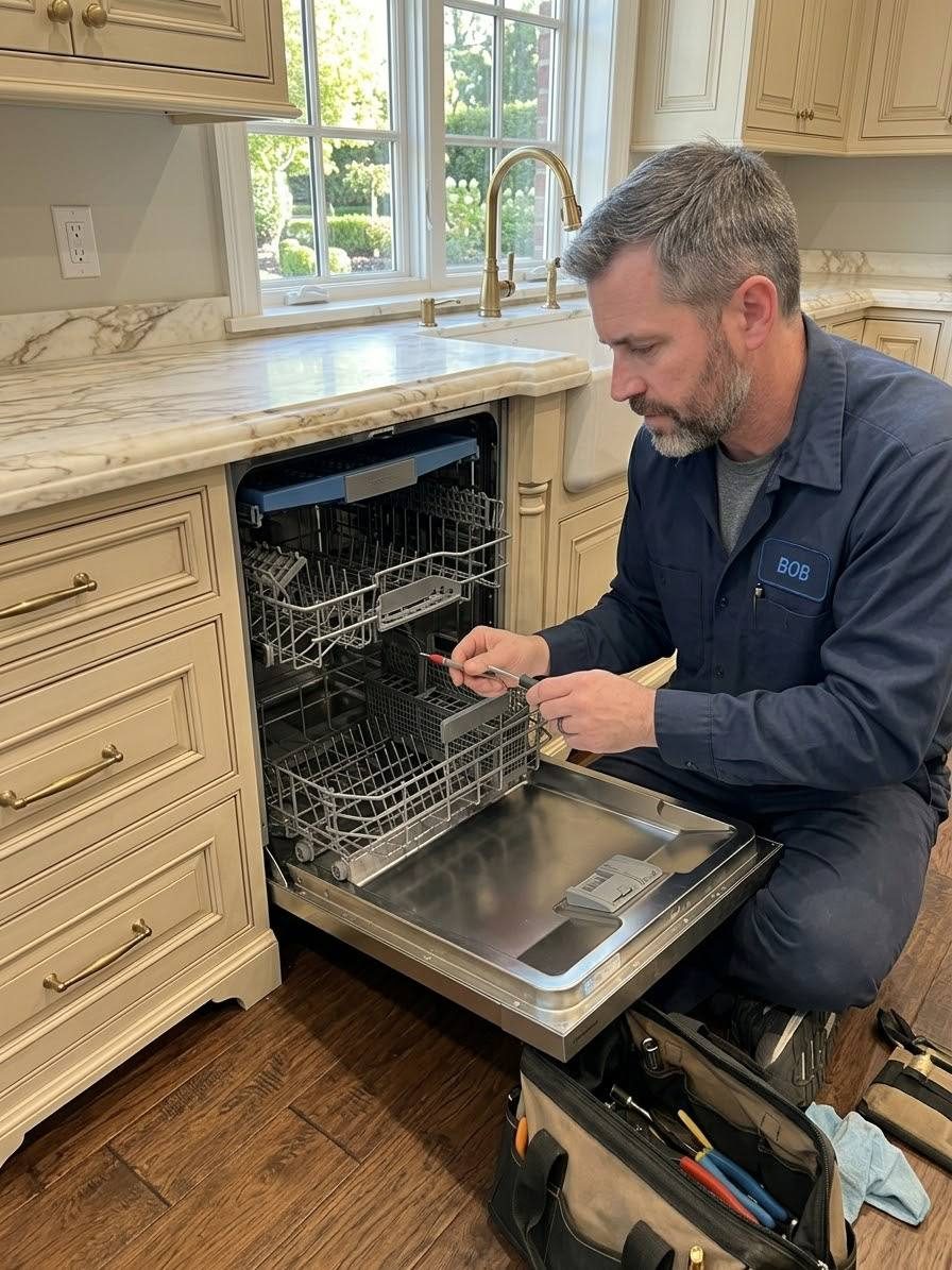 Bob checking the rack rail of a pulled-out dishwasher with a screwdriver