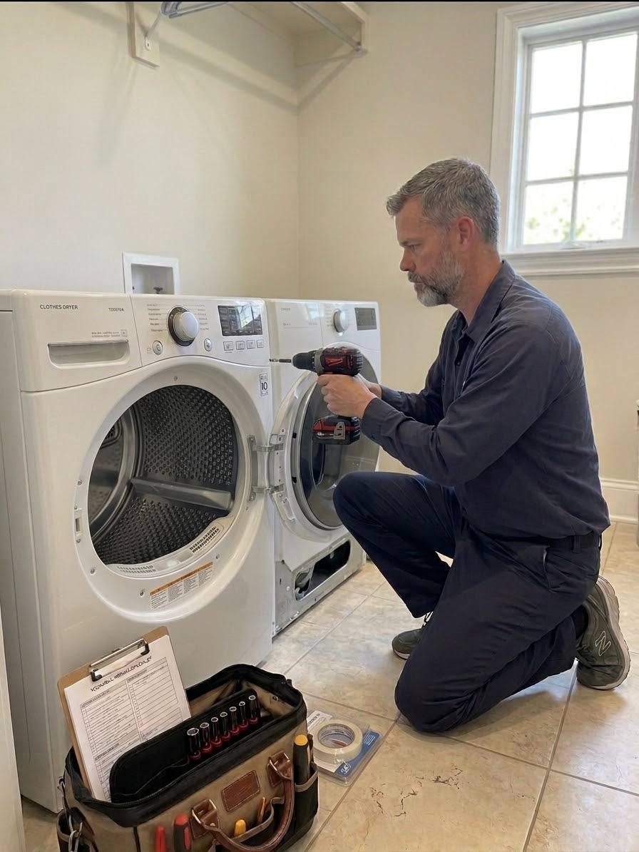 Bob working on an opened dryer beside its washer in a bright laundry room
