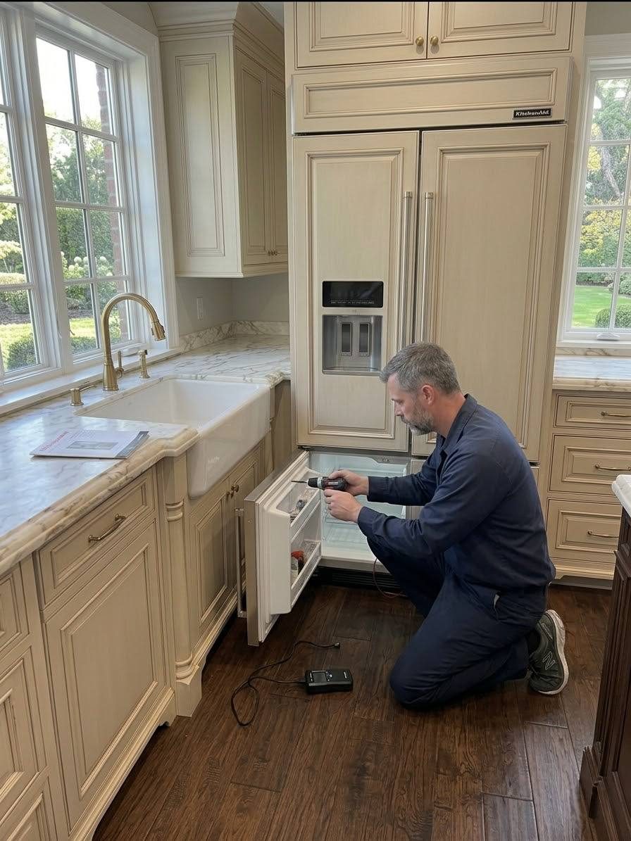 Bob testing inside the freezer drawer of a panel-front built-in refrigerator