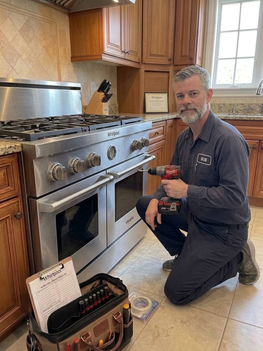 Bob kneeling at a stainless double-oven gas range with a drill, tool bag open on the tile