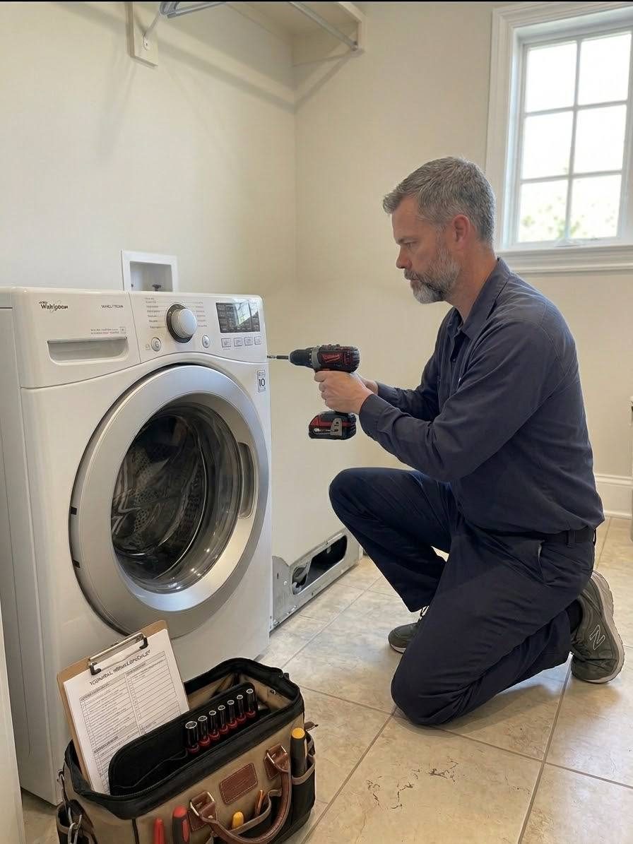 Bob driving a fastener on a front-load washer with the side panel removed